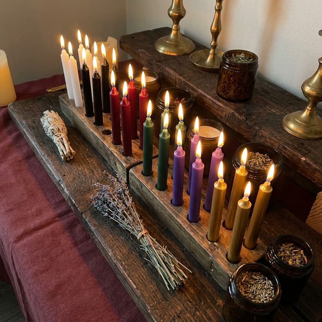 Rows of colored spell candles glowing on a dark wooden altar beside dried herbs, showing candle color meanings used in witchcraft