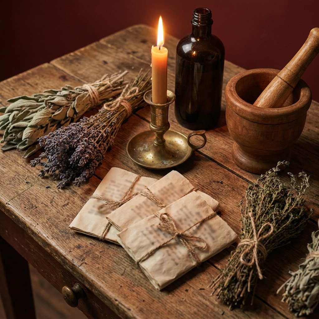 Folk healer's wooden table with a lit candle, bundles of dried herbs, a mortar and pestle and folded paper charms tied with twine, evoking the long history of healing spells