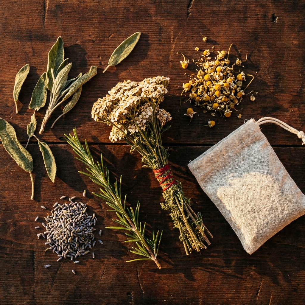 Herbal healing spells laid out on a wooden table: dried sage, yarrow, rosemary, lavender and chamomile beside a cotton pouch and red thread