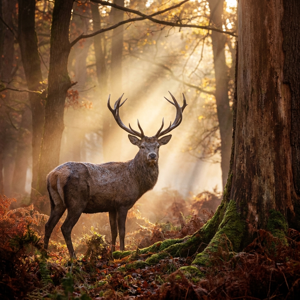 A red deer stag with full antlers standing among sunlit autumn trees in a hazy forest, the image at the center of stag symbolism