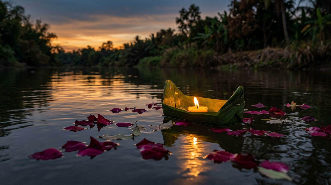 A letting go spell at the water's edge: rose petals and a small folded-leaf boat with a candle drift away on a slow river at dusk