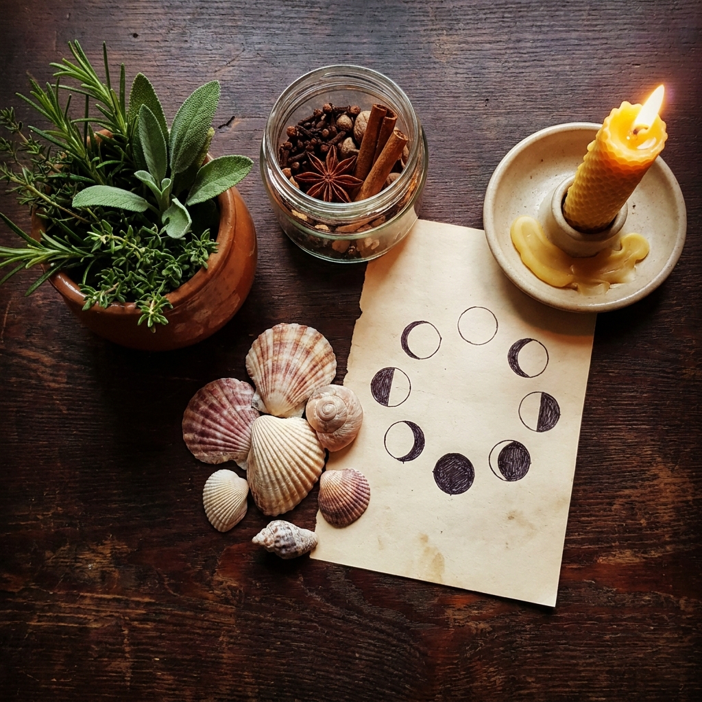 Tools of different types of witches on one wooden table: potted herbs, a spice jar, seashells, a moon calendar and a candle