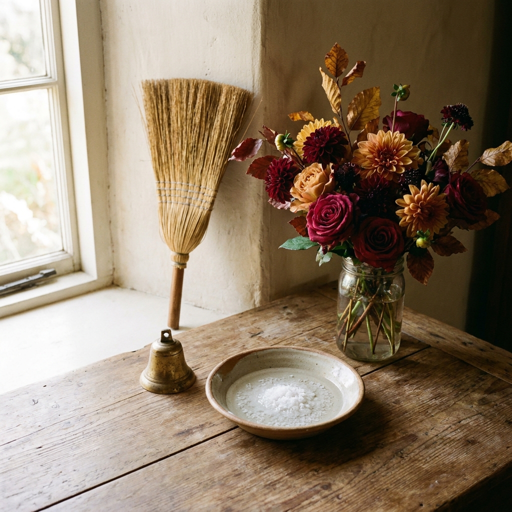 Spiritual cleansing tools on a wooden table by a sunlit window: a brass bell, a bowl of salt, a straw broom and fresh autumn flowers