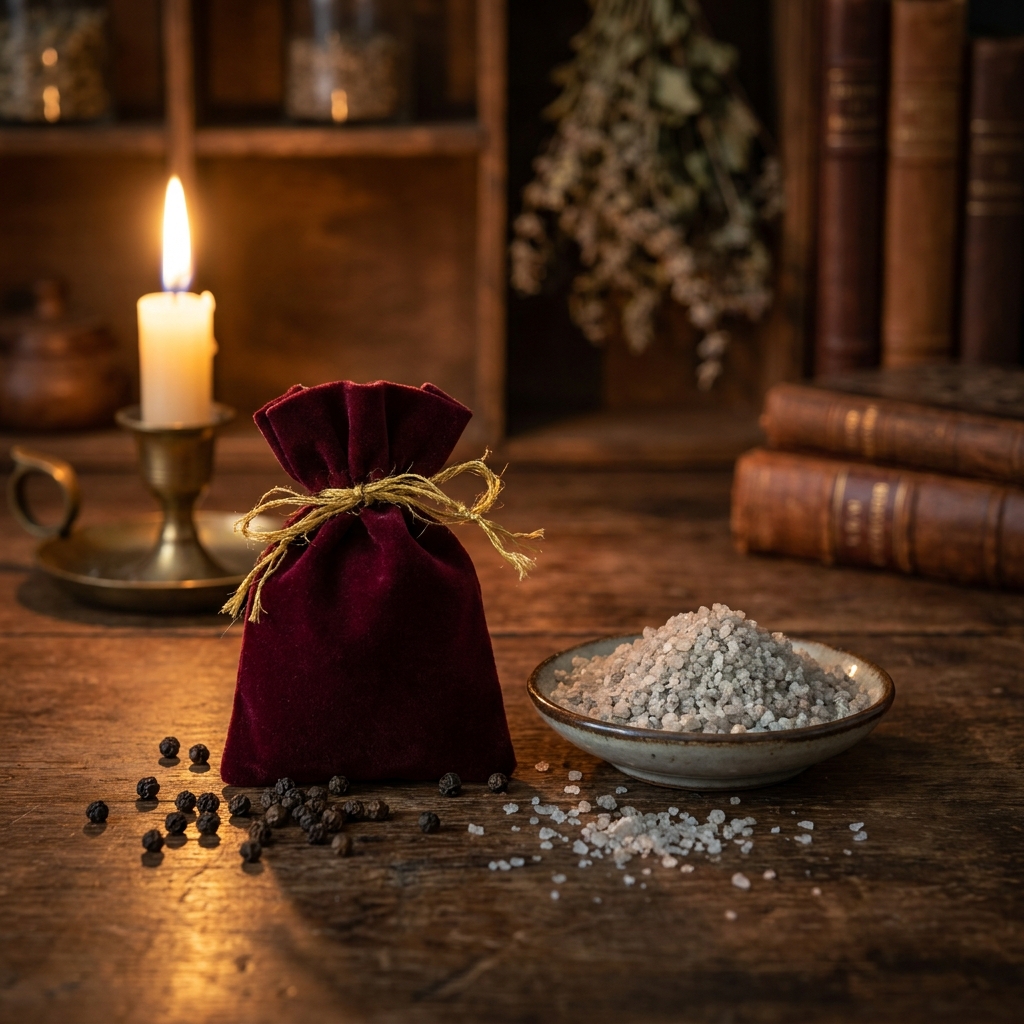 Pepper magic still life of whole black peppercorns, a tied burgundy velvet charm pouch and a dish of coarse salt by candlelight on a wooden table