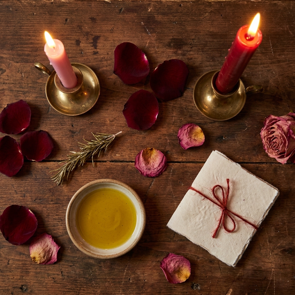 Lit pink and red candles, rose petals, rosemary, a dish of olive oil and a folded paper tied with red thread, the basic tools behind powerful love spells