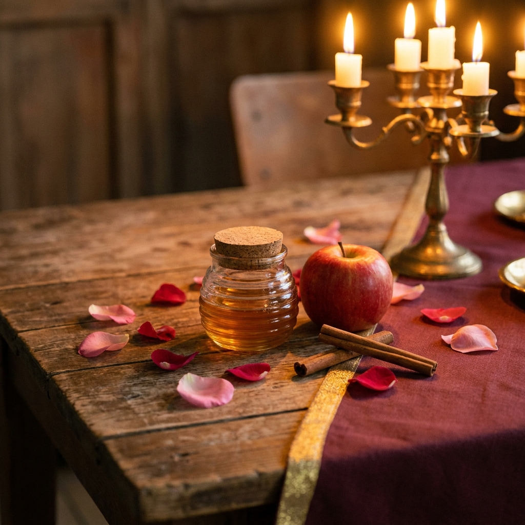 Easy love spells laid out on a rustic wooden table in warm candlelight: a honey jar, a red apple, rose petals and cinnamon sticks