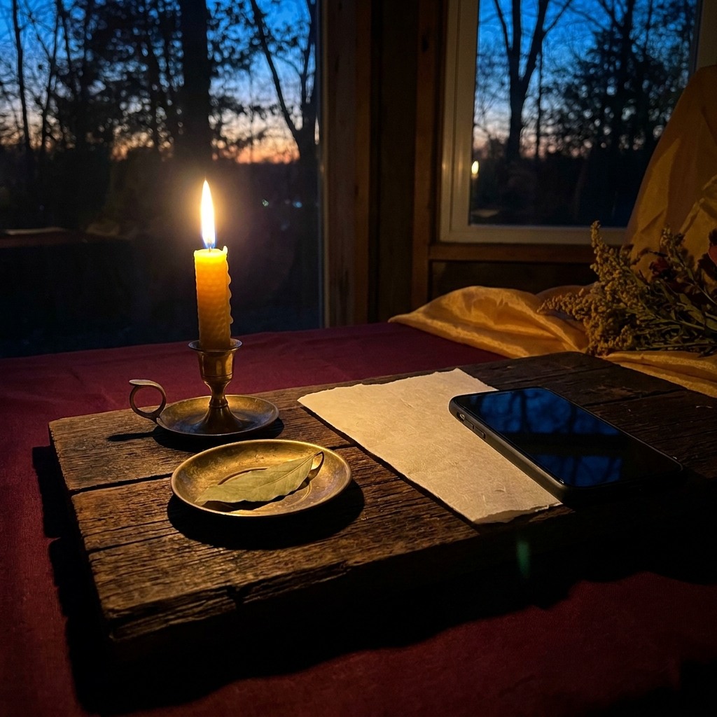 A contact me spell set out at dusk on a wooden board: a lit beeswax candle in a brass holder, a bay leaf in a brass dish, a blank sheet of paper and a dark, silent phone