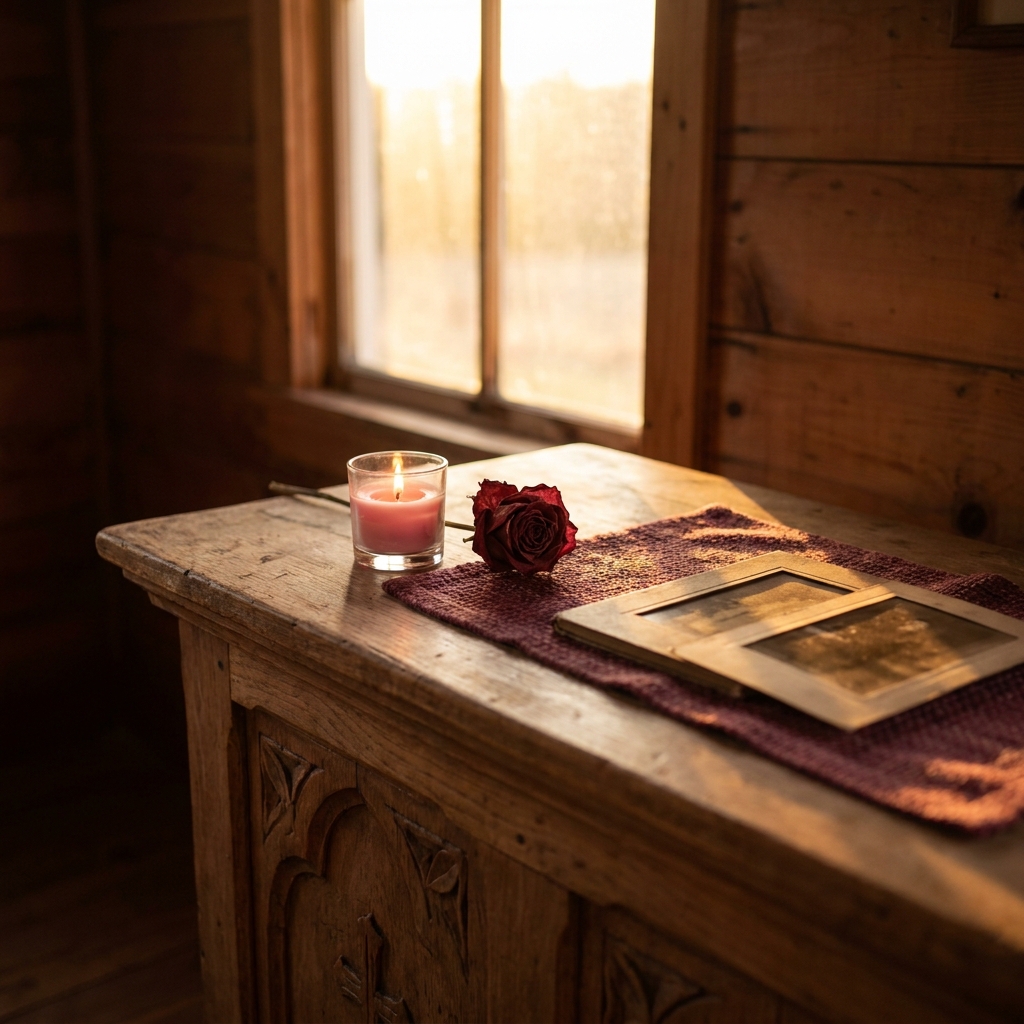 Spells to get your ex back: a lit pink candle, a dried red rose and two framed old photographs on a burgundy runner atop a wooden altar by a sunlit window