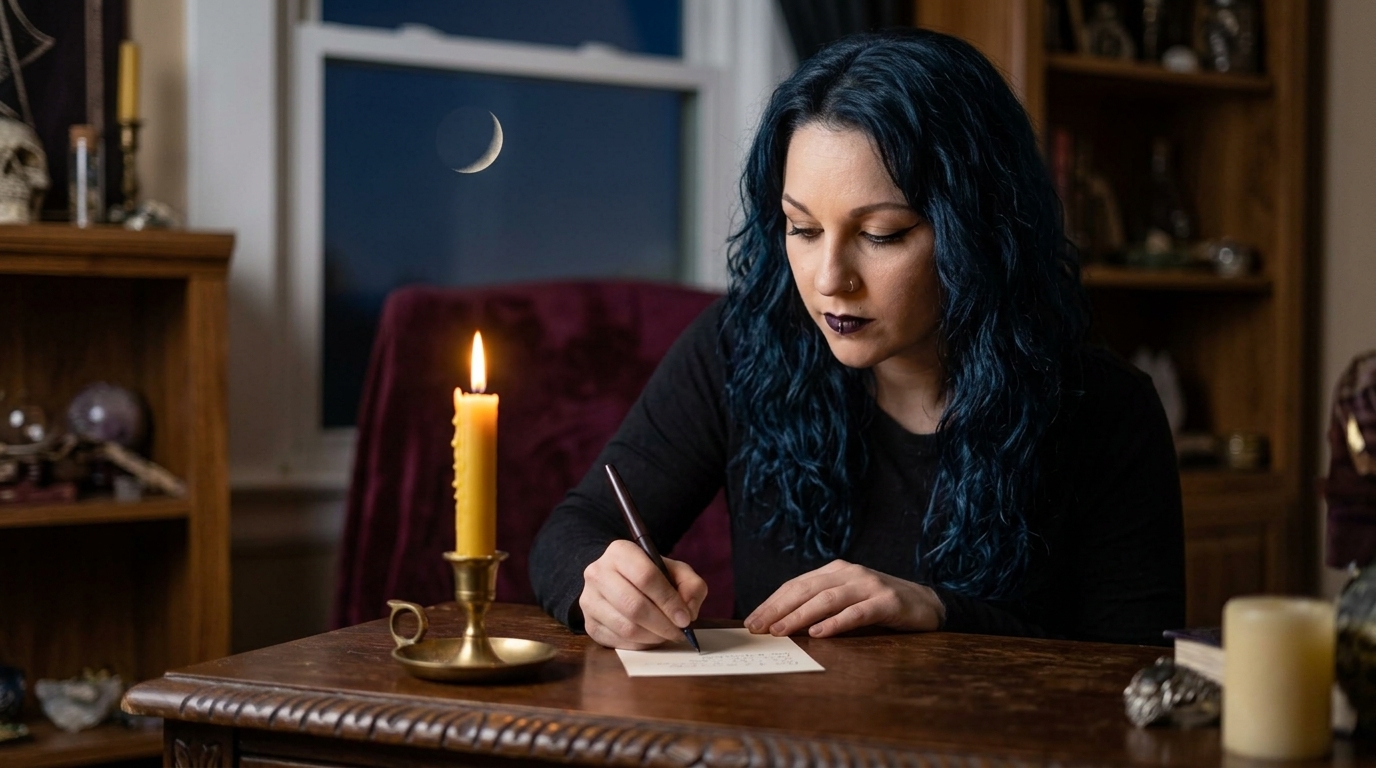 Madame Celestine writing a release list by candlelight at a wooden desk, a crescent moon in the window, as she prepares waning moon spells