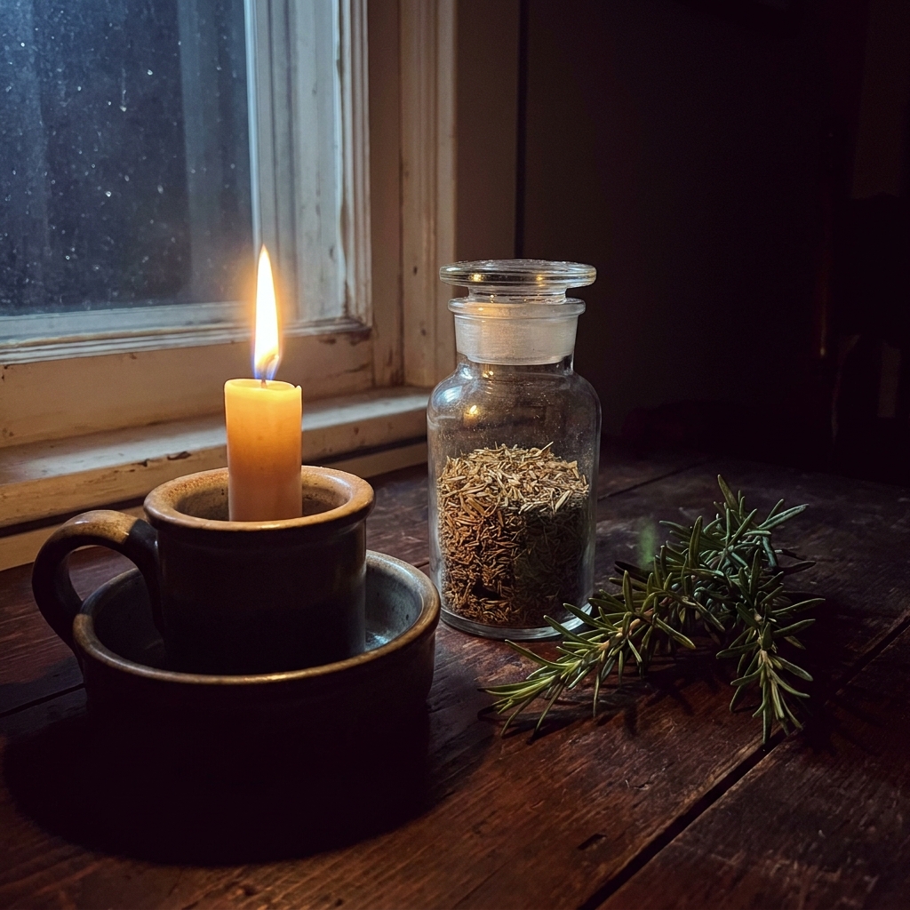 A steady candle flame beside a glass jar of dried herbs and a sprig of rosemary by a dark window, as a caster watches for signs a love spell is working