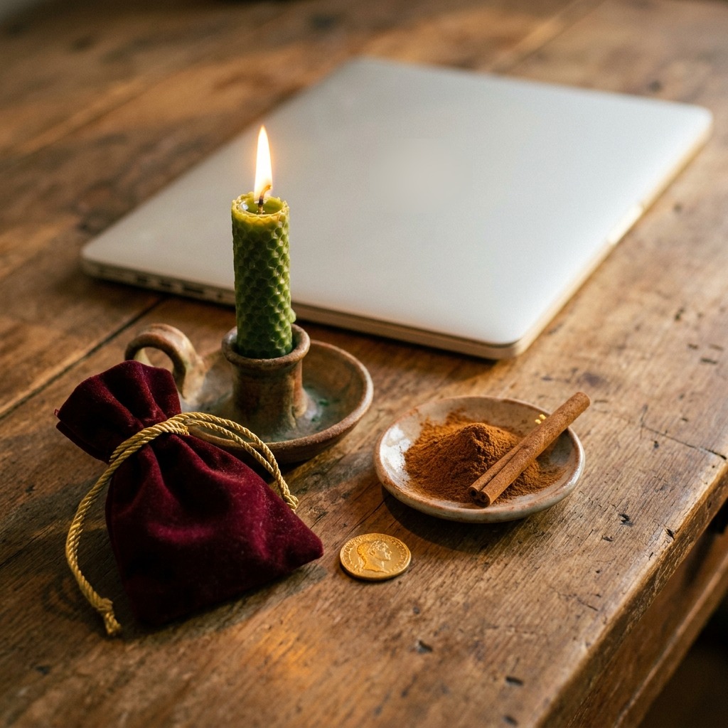 A green beeswax candle beside a burgundy velvet pouch, a gold coin and a dish of cinnamon on a wooden desk with a closed laptop, set up for a job spell during the job hunt