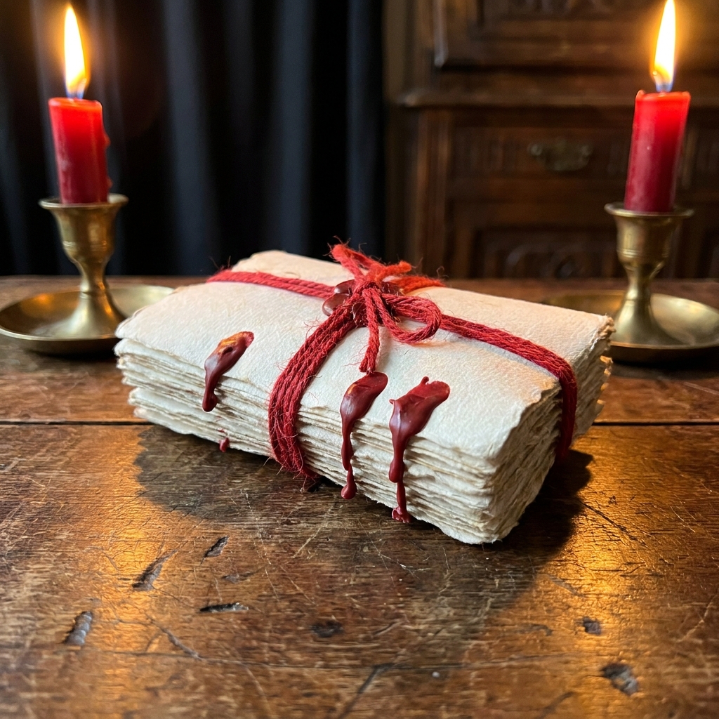 A love binding spell bundle of blank paper tied with red cord and sealed with drips of red wax, between two lit red candles in brass holders on an old wooden table