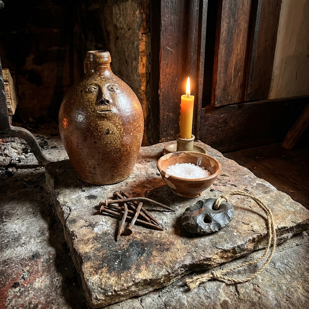 Traditional tools for how to break a curse: a stoneware witch bottle, iron nails, a dish of salt and a holed hag stone on an old stone hearth by candlelight