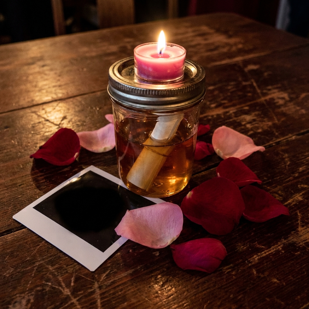 Supplies to cast a love spell on someone: a jar of honey with a rolled paper inside, a lit pink candle on the lid, red and pink rose petals and a blank instant photo on a wooden table
