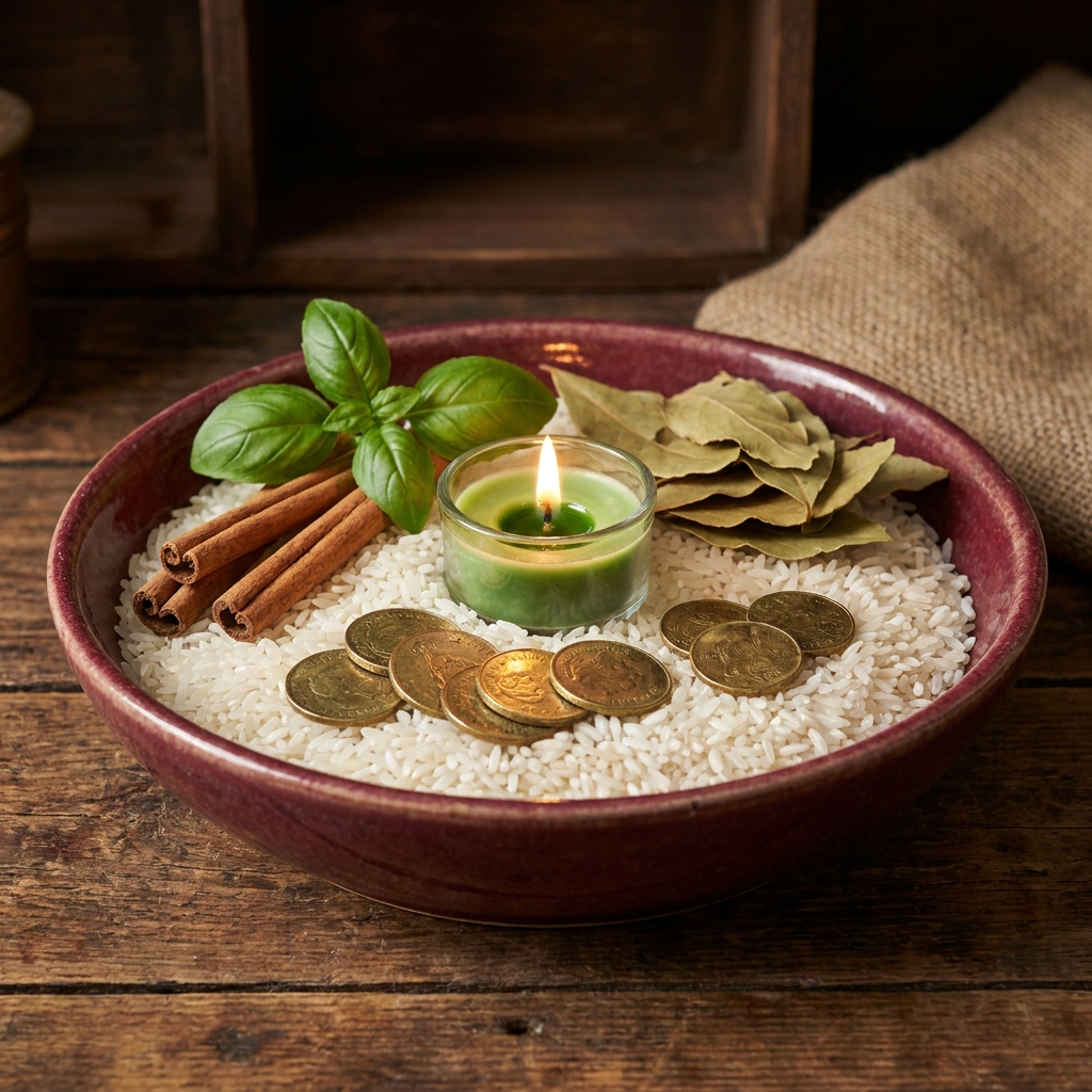 A money bowl of money herbs with rice, gold coins, cinnamon sticks, bay leaves, fresh basil and a lit green candle on an old wooden table