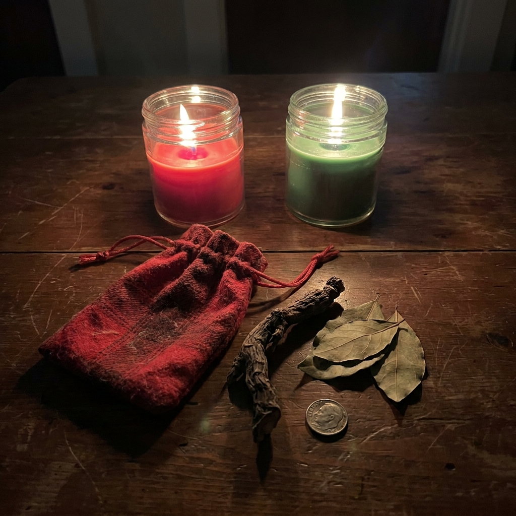Hoodoo spells for love and money laid out on an old wooden table: a red flannel mojo bag, a twisted root, bay leaves, a silver dime and two lit candles, one red and one green