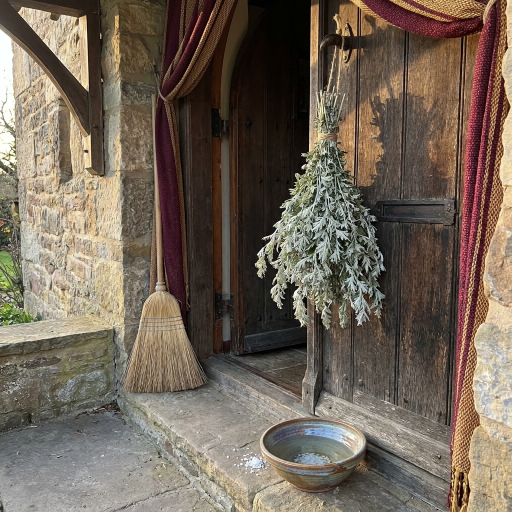Old wooden front door prepared for a home purification ritual, with a bundle of dried mugwort hanging on the door, a broom beside it and a bowl of water with salt on the step