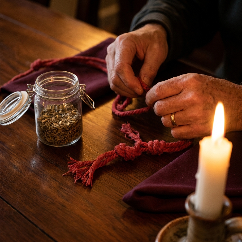 Hands untying knots in a red cord beside an open jar of dried herbs and a lit candle, a traditional way to break a love spell