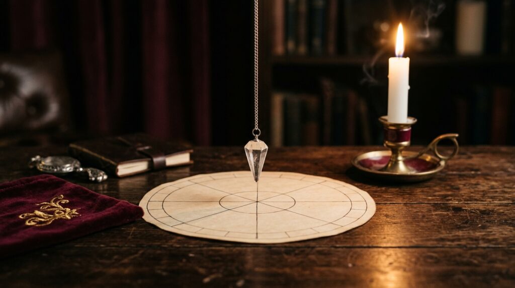 Pendulum yes or no reading on a wooden table, a crystal pendulum hanging still above a blank circular chart beside a lit candle