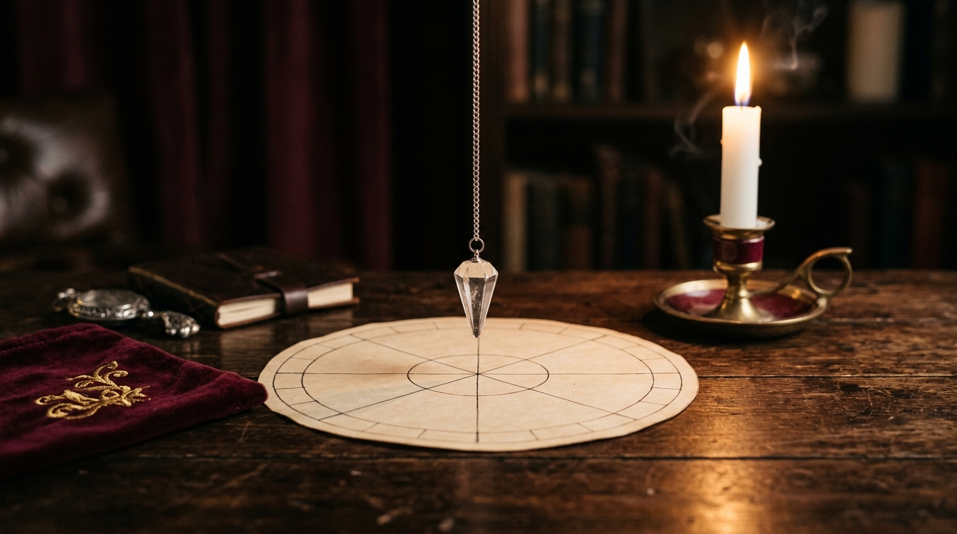 Pendulum yes or no reading on a wooden table, a crystal pendulum hanging still above a blank circular chart beside a lit candle
