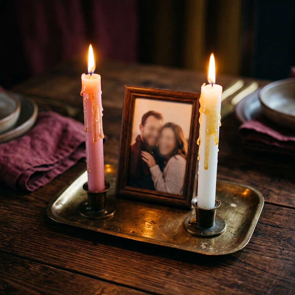 A reconciliation candle spell on a brass tray: a lit pink taper and a lit white taper, both dripping with honey, on either side of a framed photo of a couple
