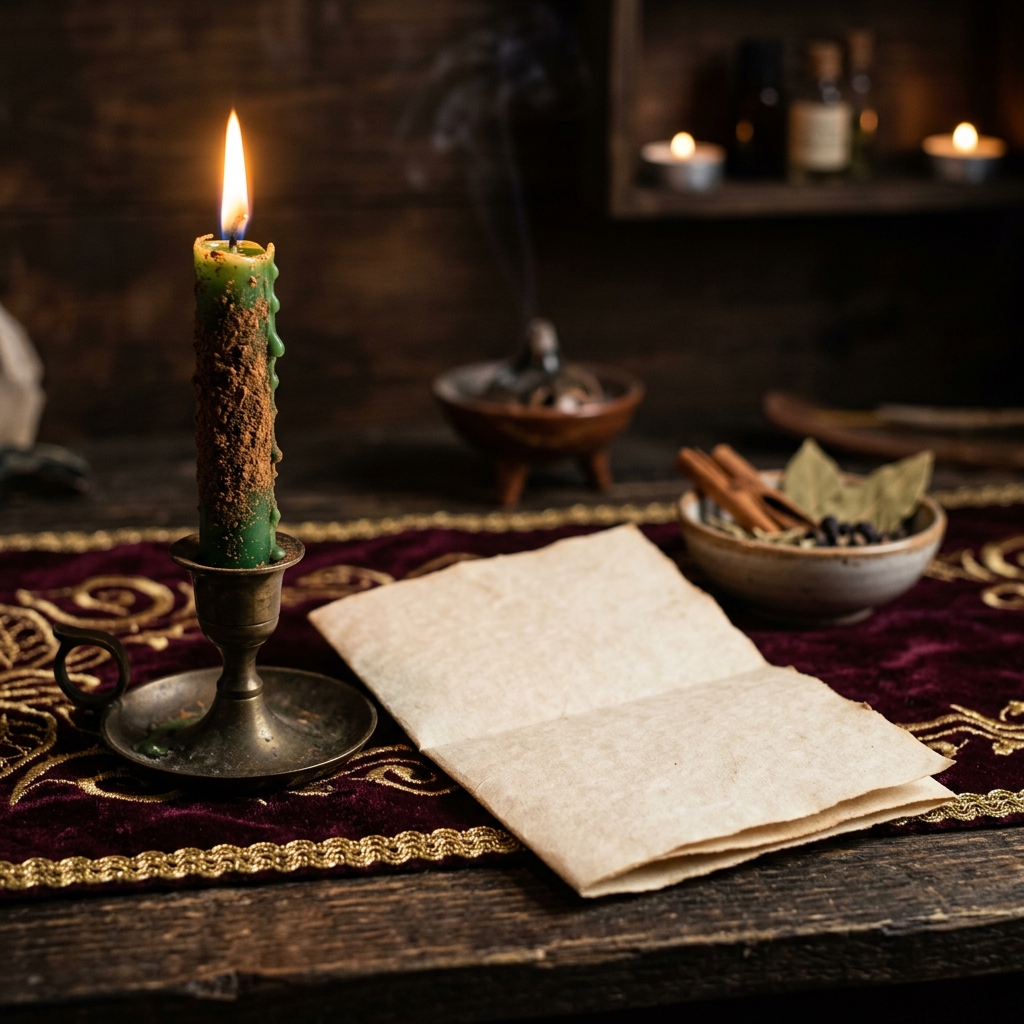 A lit green candle rolled in cinnamon beside a blank folded petition and a bowl of cinnamon sticks on a burgundy altar cloth, the core tools of fast money spells