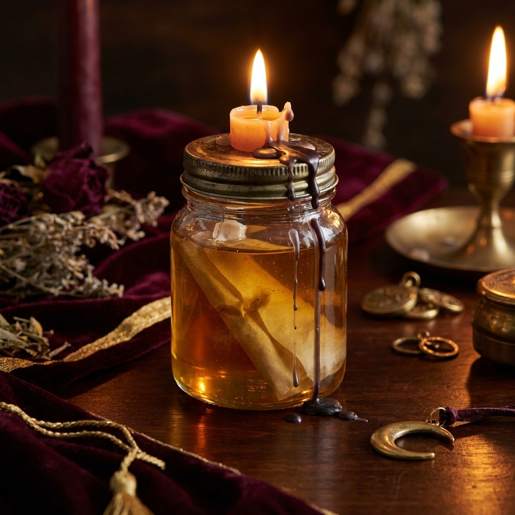 A honey jar spell in progress, with a rolled name paper sunk in honey and a small candle dripping wax down the lid, the stage where most honey jar spell mistakes happen